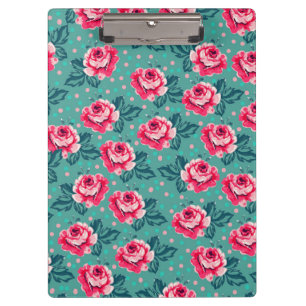 Hübsche rosa Rosen und Punkte-Muster auf Türkis Klemmbrett