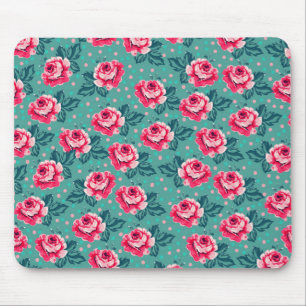 Hübsche rosa Rosen und Punkte-Muster auf Türkis Mousepad