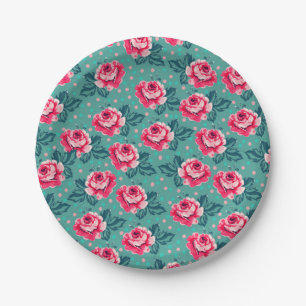 Hübsche rosa Rosen und Punkte-Muster auf Türkis Pappteller