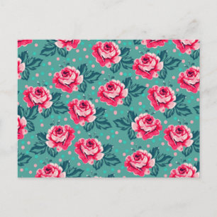Hübsche rosa Rosen und Punkte-Muster auf Türkis Postkarte
