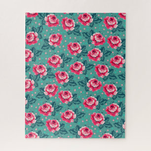 Hübsche rosa Rosen und Punkte-Muster auf Türkis Puzzle