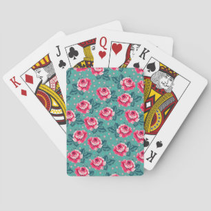 Hübsche rosa Rosen und Punkte-Muster auf Türkis Spielkarten