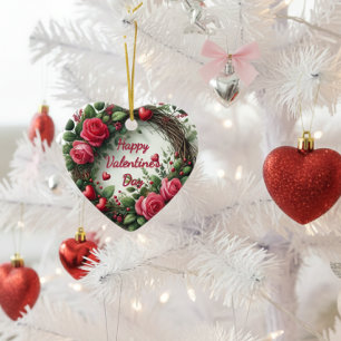 Hübsche rosa Rosen Valentinstag Herz Keramik Ornament