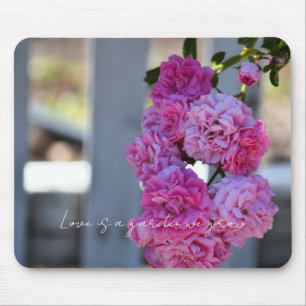Hübsche rosa Rosen Weiße Lattenzaun Fotografie Mousepad