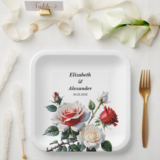 Hübsche Rosa-rote Rosen Blumenhochzeit Pappteller (Hochzeit)