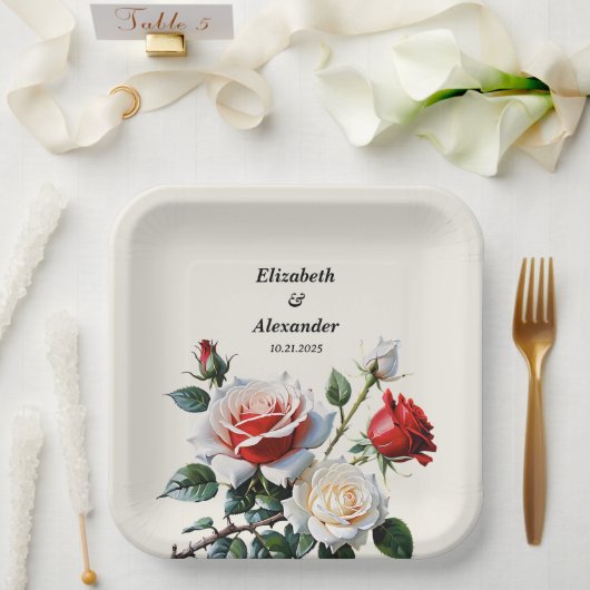 Hübsche Rosa-rote Rosen Blumenhochzeit Pappteller (Hochzeit)