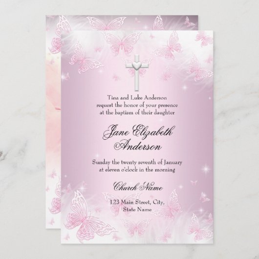 Hübsche Rosa Schmetterling Cross Foto Taufe 2 Einladung (Vorne/Hinten)