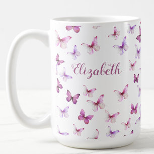 Hübsche rosa Schmetterlinge mit individuellem Name Kaffeetasse