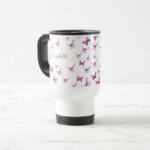 Hübsche rosa Schmetterlinge mit individuellem Name Reisebecher (Vorderseite Links)