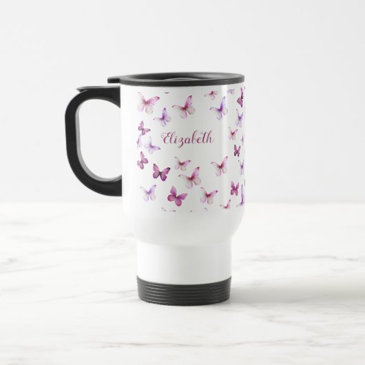 Hübsche rosa Schmetterlinge mit individuellem Name Reisebecher (Links)