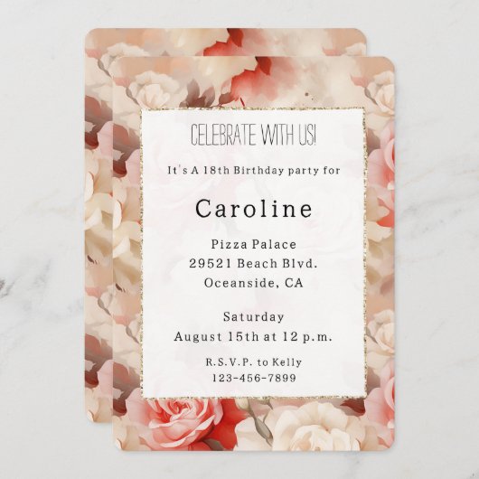 Hübsche Rosa Schwarz Creme Rose Blumenbeere Geburt Einladung (Vorne/Hinten)