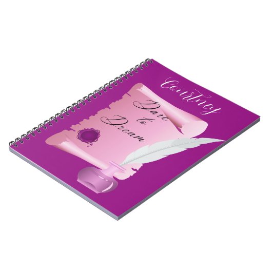 Hübsche Rosa Scroll & Feather "Dare to Dream" Notizblock (Linke Seite)