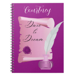 Hübsche Rosa Scroll & Feather "Dare to Dream" Notizblock