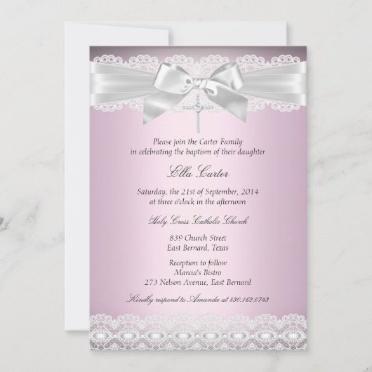 Hübsche rosa Spitzen & Kreuztaufe laden Einladung (Vorderseite)