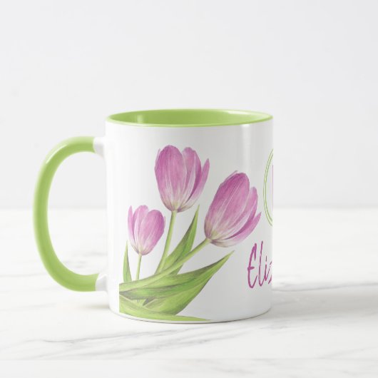 Hübsche Rosa Tulips Frühjahr Elegante Blumenmonogr Tasse (Links)