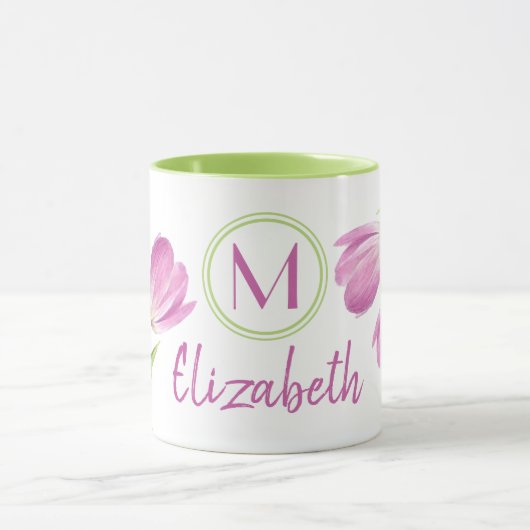 Hübsche Rosa Tulips Frühjahr Elegante Blumenmonogr Tasse (Zentrum)