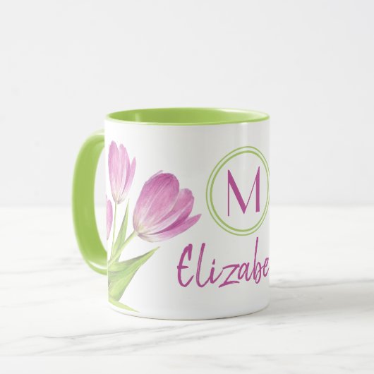 Hübsche Rosa Tulips Frühjahr Elegante Blumenmonogr Tasse (Vorderseite Links)