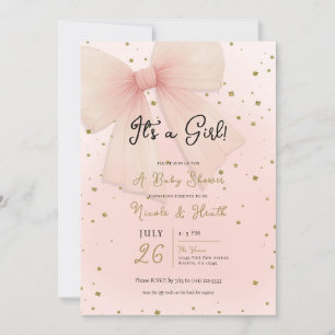 Hübsche rosa Tüllschleife & goldenes Konfetti Baby Einladung