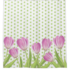 Hübsche Rosa Tulpen und Grüne Punkte Elegante Blum Duschvorhang