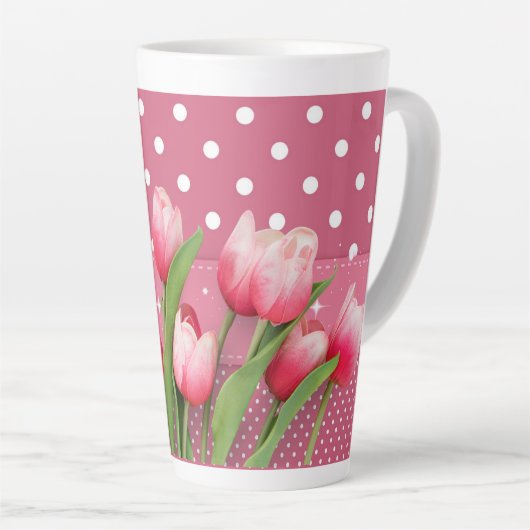 Hübsche, rosa Tulpen und rosa-weiße Polka-Punkte Milchtasse (Rechte Ecke)