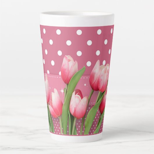 Hübsche, rosa Tulpen und rosa-weiße Polka-Punkte Milchtasse (Vorderseite)