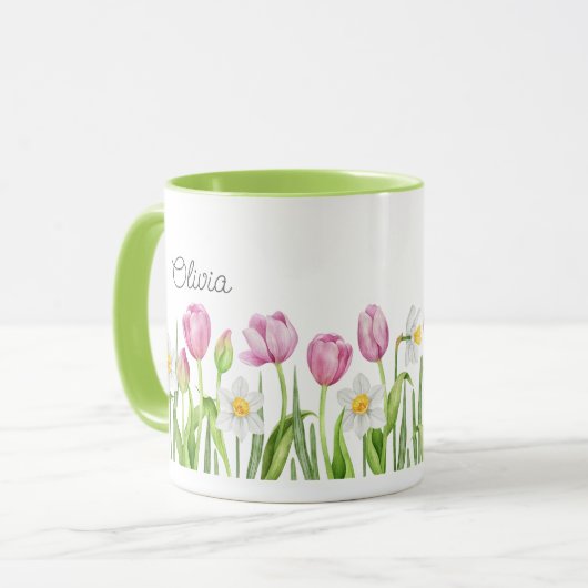 Hübsche Rosa Tulpen und weiße Kaffeedodel Tasse (Vorderseite Links)