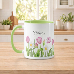 Hübsche rosa Tulpen und weiße Osterglocken Kaffeet Tasse