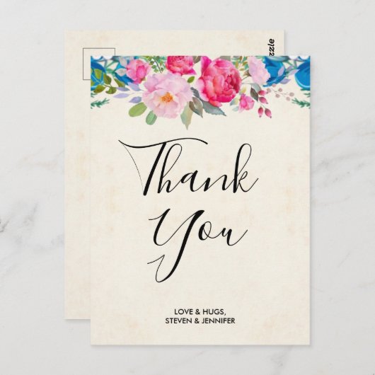 Hübsche Rosa und Blau Blume Border Wedding Danke Postkarte (Vorne/Hinten)