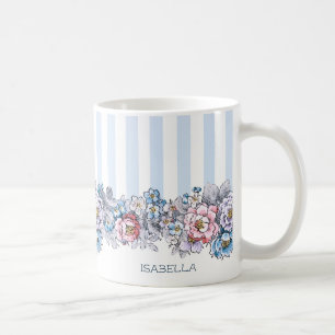 Hübsche Rosa und Blau Blumen & Streifen mit Name Kaffeetasse