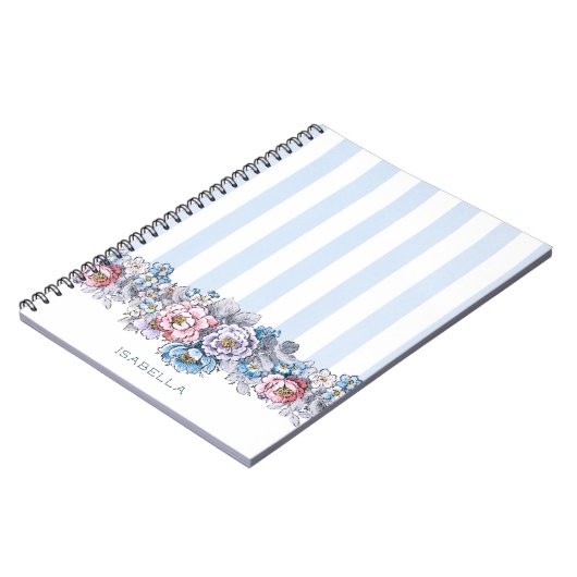 Hübsche Rosa und Blau Blumen & Streifen mit Name Notizblock (Linke Seite)