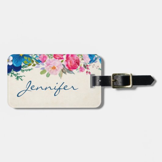 Hübsche, rosa und blaue Blume Gepäckanhänger (Vorderseite horizontal)