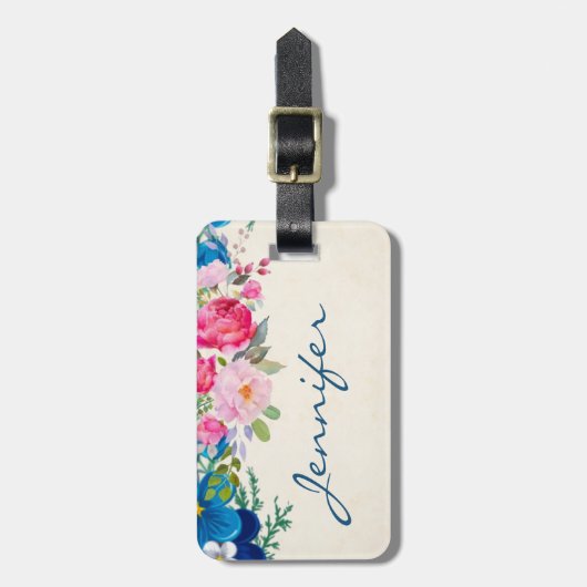 Hübsche, rosa und blaue Blume Gepäckanhänger (Vorderseite vertikal)