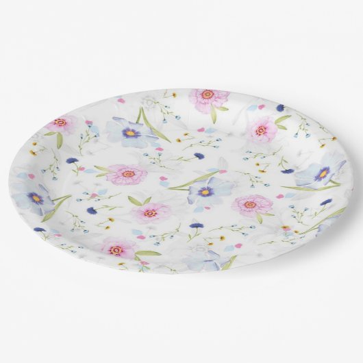 Hübsche rosa und blaue Blumenmuster Papier-Teller Pappteller (Schrägansicht)