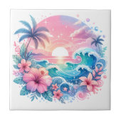 Hübsche rosa und blaue Küstenkunst Fliese (Vorderseite)