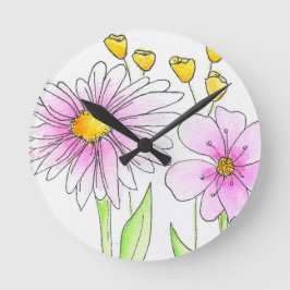 Hübsche rosa und gelbe Aquarellblumen Runde Wanduhr