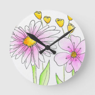 Hübsche rosa und gelbe Aquarellblumen Runde Wanduhr
