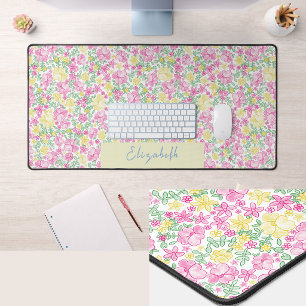 Hübsche rosa und gelbe Blumen-Desktop-Matte mit in Schreibtischunterlage