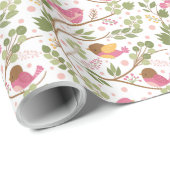 Hübsche Rosa und Gelbe Vögel und Blätter Kinder Geschenkpapier (Rolleneckpunkt)