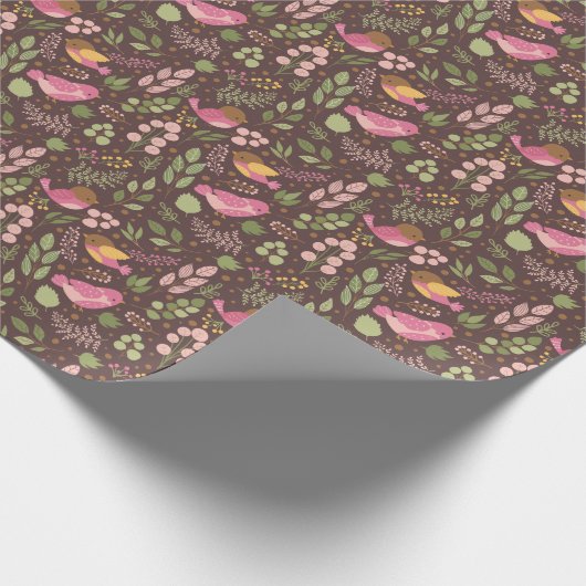 Hübsche Rosa und Gelbe Vögel und Blätter Kinder Geschenkpapier (Ecke)
