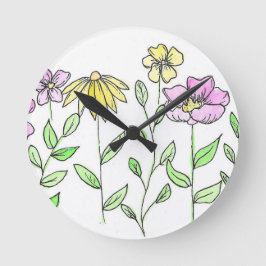 Hübsche rosa und gelbe Wasserfarben-Blumen Runde Wanduhr