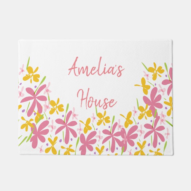Hübsche rosa und gelbe Wildblume Fußmatte (Vorderseite)