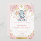 Hübsche Rosa und Gold Elephant Baby Dusche Einladung (Vorne/Hinten)