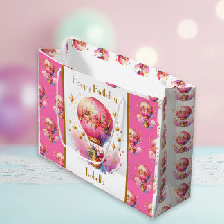Hübsche Rosa und Gold Heißluftballons Personalisie Große Geschenktüte