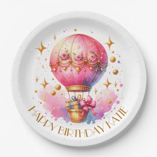 Hübsche Rosa und Gold Heißluftballons Personalisie Pappteller (Vorderseite)