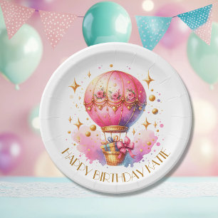 Hübsche Rosa und Gold Heißluftballons Personalisie Pappteller