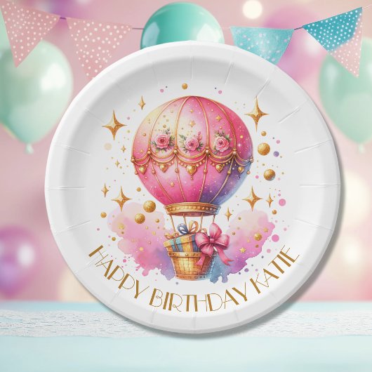 Hübsche Rosa und Gold Heißluftballons Personalisie Pappteller