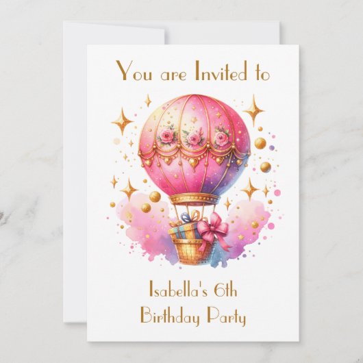 Hübsche Rosa und Gold Heißluftballons zum Geburtst Einladung (Vorderseite)