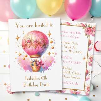 Hübsche Rosa und Gold Heißluftballons zum Geburtst Einladung