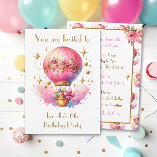 Hübsche Rosa und Gold Heißluftballons zum Geburtst Einladung