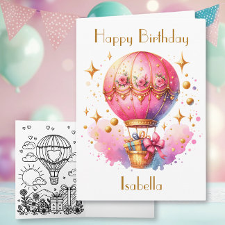 Hübsche Rosa und Gold Heißluftballons zum Geburtst Karte